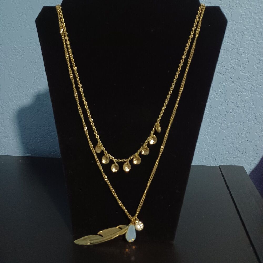 Silver-Toned Layered Necklace w/ Disc, Bead, and Feather Charms